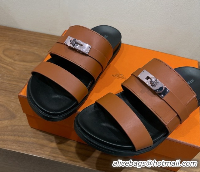 Top Grade Hermes Jackson Flat Slides Sandal in Calfskin Leather Brown 2025 H082008 0820090