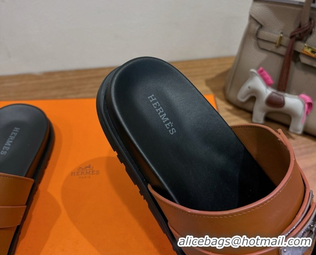 Top Grade Hermes Jackson Flat Slides Sandal in Calfskin Leather Brown 2025 H082008 0820090
