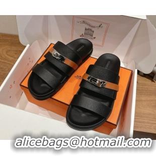 Best Grade Hermes Jackson Flat Slides Sandal in Grained Calfskin Black/Brown 2025 H082008 0820086