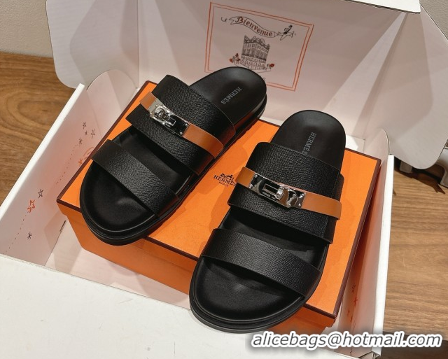 Best Grade Hermes Jackson Flat Slides Sandal in Grained Calfskin Black/Brown 2025 H082008 0820086