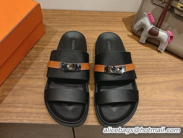 Best Grade Hermes Jackson Flat Slides Sandal in Grained Calfskin Black/Brown 2025 H082008 0820086