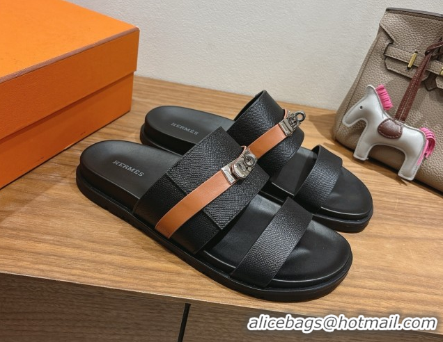 Best Grade Hermes Jackson Flat Slides Sandal in Grained Calfskin Black/Brown 2025 H082008 0820086