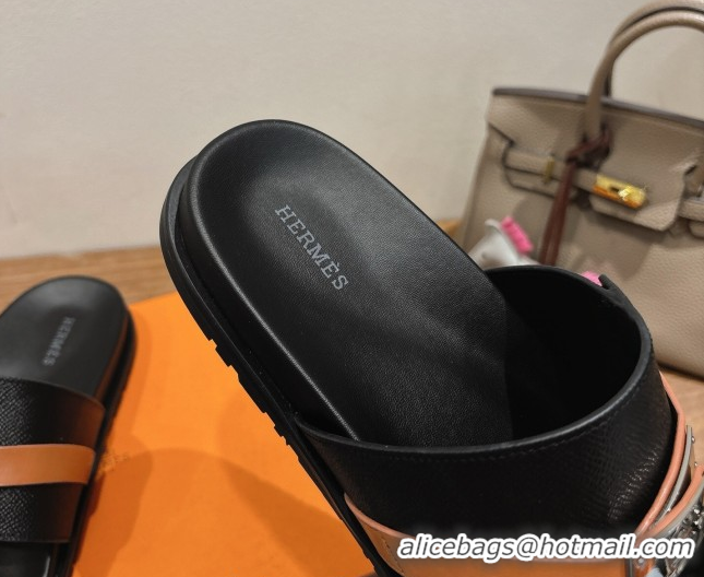 Best Grade Hermes Jackson Flat Slides Sandal in Grained Calfskin Black/Brown 2025 H082008 0820086