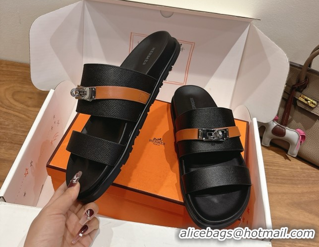 Best Grade Hermes Jackson Flat Slides Sandal in Grained Calfskin Black/Brown 2025 H082008 0820086