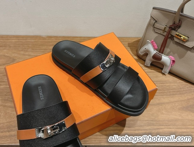 Best Grade Hermes Jackson Flat Slides Sandal in Grained Calfskin Black/Brown 2025 H082008 0820086