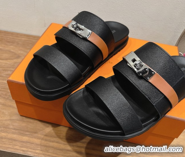 Best Grade Hermes Jackson Flat Slides Sandal in Grained Calfskin Black/Brown 2025 H082008 0820086