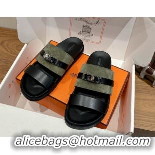 Unique Style Hermes Jackson Flat Slides Sandal in Calfskin and Suede Green/Black 2025 H082008 0820093