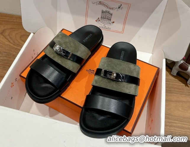 Unique Style Hermes Jackson Flat Slides Sandal in Calfskin and Suede Green/Black 2025 H082008 0820093