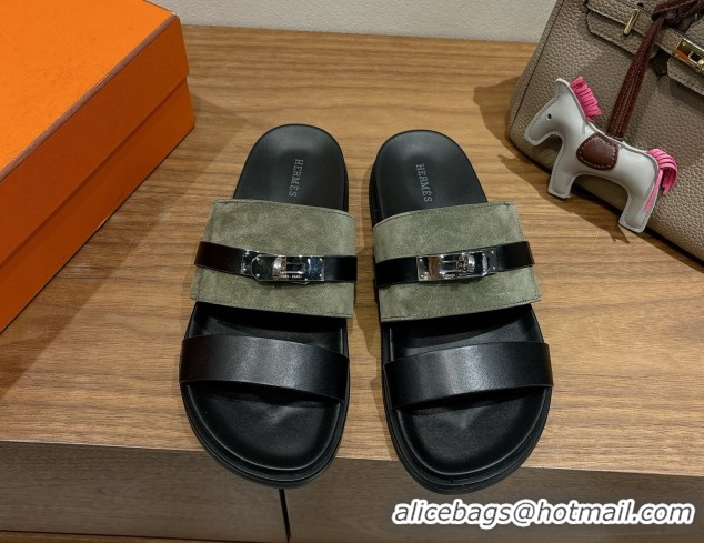 Unique Style Hermes Jackson Flat Slides Sandal in Calfskin and Suede Green/Black 2025 H082008 0820093