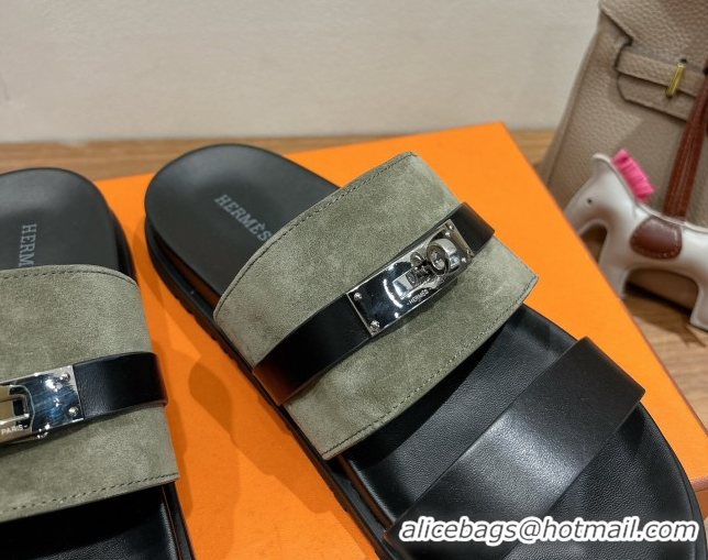 Unique Style Hermes Jackson Flat Slides Sandal in Calfskin and Suede Green/Black 2025 H082008 0820093