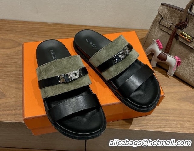 Unique Style Hermes Jackson Flat Slides Sandal in Calfskin and Suede Green/Black 2025 H082008 0820093