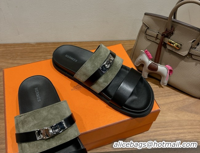 Unique Style Hermes Jackson Flat Slides Sandal in Calfskin and Suede Green/Black 2025 H082008 0820093