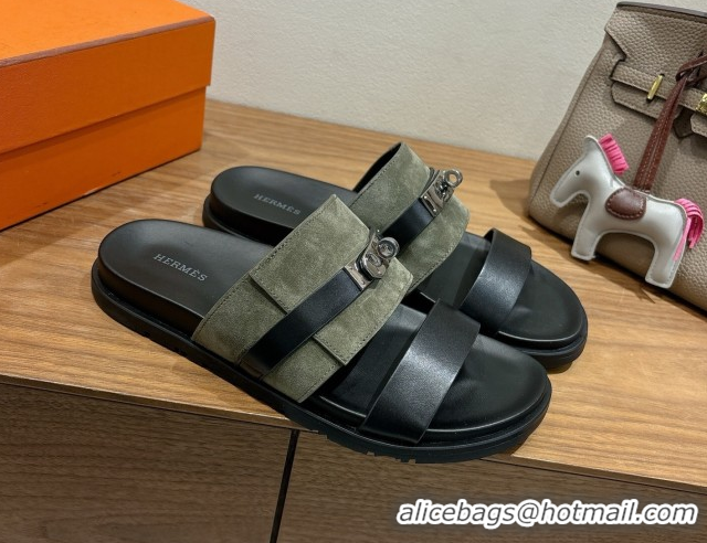 Unique Style Hermes Jackson Flat Slides Sandal in Calfskin and Suede Green/Black 2025 H082008 0820093