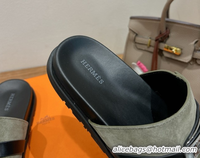 Unique Style Hermes Jackson Flat Slides Sandal in Calfskin and Suede Green/Black 2025 H082008 0820093