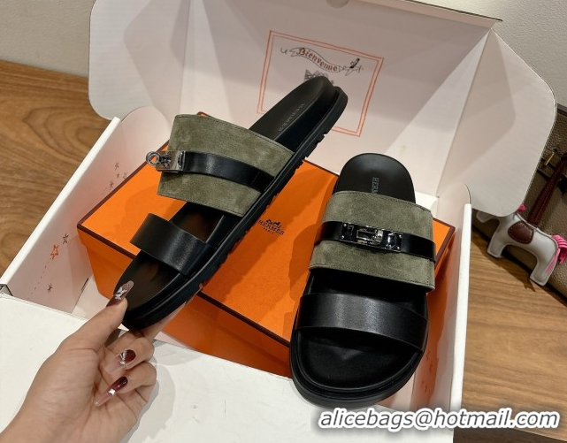 Unique Style Hermes Jackson Flat Slides Sandal in Calfskin and Suede Green/Black 2025 H082008 0820093