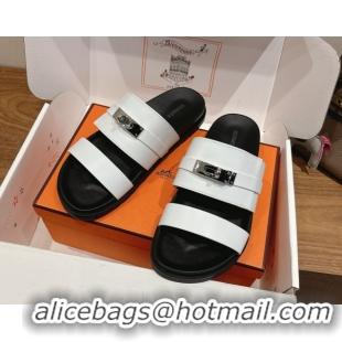 Luxurious Hermes Jackson Flat Slides Sandal in Smooth Calfskin White/Black 2025 H082008 0820084