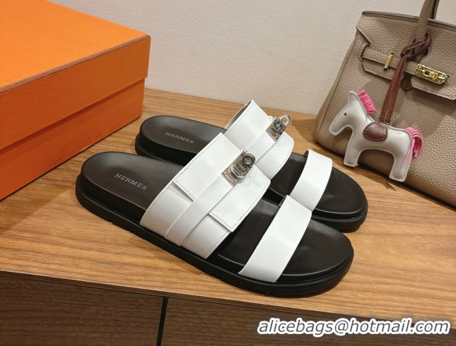 Luxurious Hermes Jackson Flat Slides Sandal in Smooth Calfskin White/Black 2025 H082008 0820084