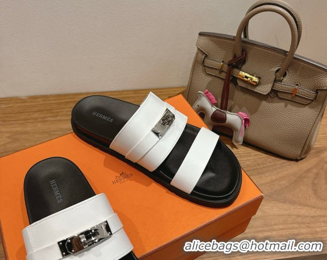 Luxurious Hermes Jackson Flat Slides Sandal in Smooth Calfskin White/Black 2025 H082008 0820084