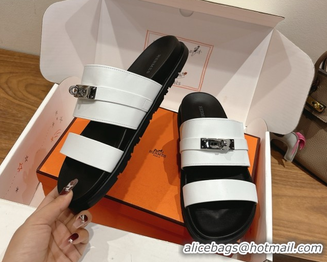 Luxurious Hermes Jackson Flat Slides Sandal in Smooth Calfskin White/Black 2025 H082008 0820084