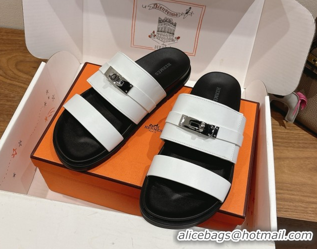Luxurious Hermes Jackson Flat Slides Sandal in Smooth Calfskin White/Black 2025 H082008 0820084