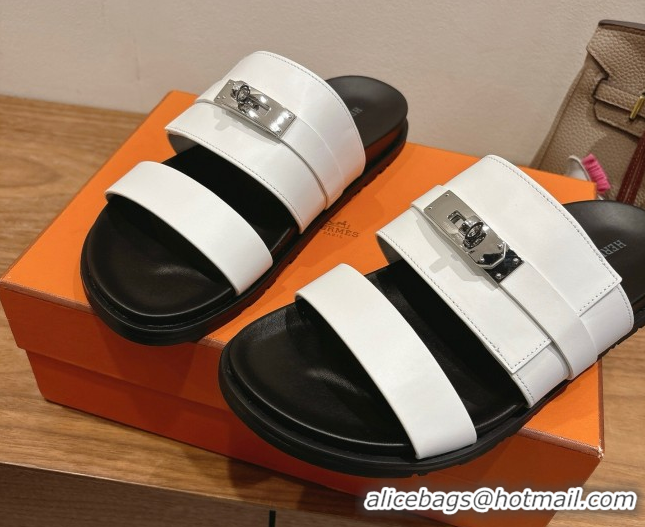 Luxurious Hermes Jackson Flat Slides Sandal in Smooth Calfskin White/Black 2025 H082008 0820084