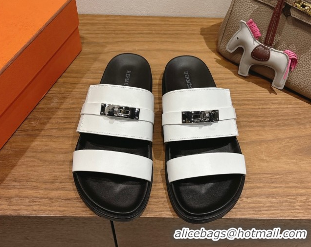 Luxurious Hermes Jackson Flat Slides Sandal in Smooth Calfskin White/Black 2025 H082008 0820084
