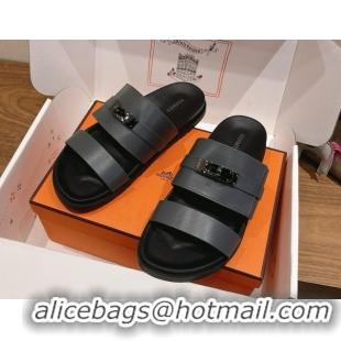 Grade Quality Hermes Jackson Flat Slides Sandal in Smooth Calfskin Dark Grey 2025 H082008 0820087