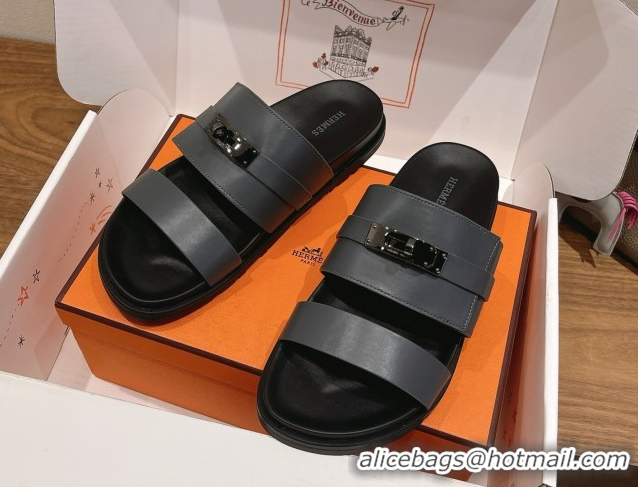 Grade Quality Hermes Jackson Flat Slides Sandal in Smooth Calfskin Dark Grey 2025 H082008 0820087