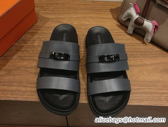 Grade Quality Hermes Jackson Flat Slides Sandal in Smooth Calfskin Dark Grey 2025 H082008 0820087