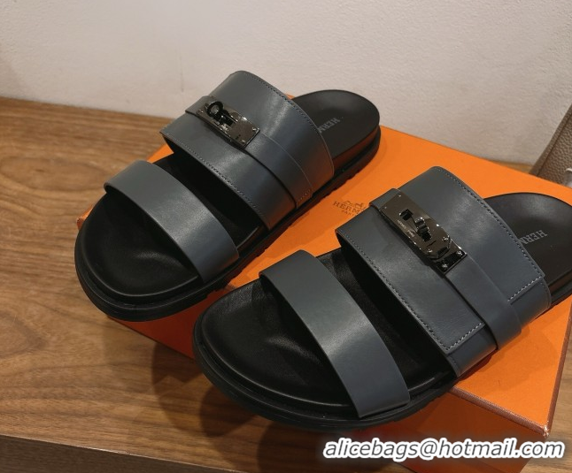 Grade Quality Hermes Jackson Flat Slides Sandal in Smooth Calfskin Dark Grey 2025 H082008 0820087