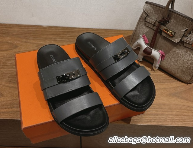 Grade Quality Hermes Jackson Flat Slides Sandal in Smooth Calfskin Dark Grey 2025 H082008 0820087