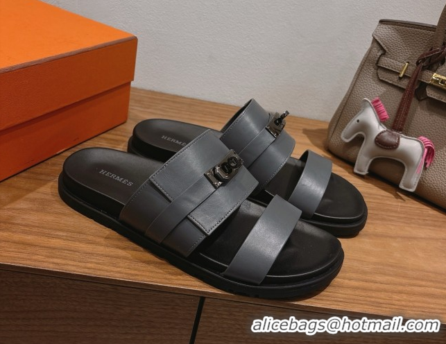 Grade Quality Hermes Jackson Flat Slides Sandal in Smooth Calfskin Dark Grey 2025 H082008 0820087