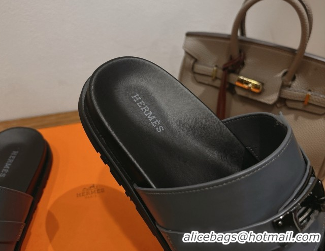 Grade Quality Hermes Jackson Flat Slides Sandal in Smooth Calfskin Dark Grey 2025 H082008 0820087