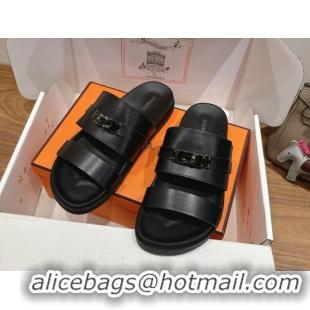 Durable Hermes Jackson Flat Slides Sandal in Smooth Calfskin All Black 2025 H082008 0820088