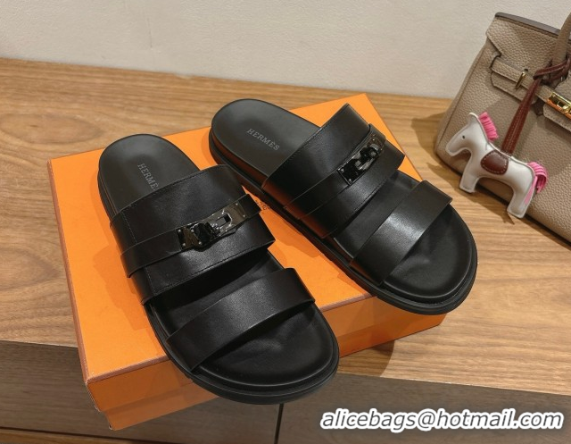 Durable Hermes Jackson Flat Slides Sandal in Smooth Calfskin All Black 2025 H082008 0820088