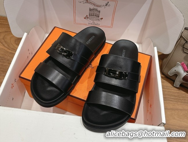 Durable Hermes Jackson Flat Slides Sandal in Smooth Calfskin All Black 2025 H082008 0820088