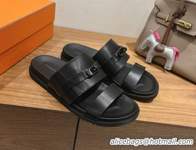 Durable Hermes Jackson Flat Slides Sandal in Smooth Calfskin All Black 2025 H082008 0820088
