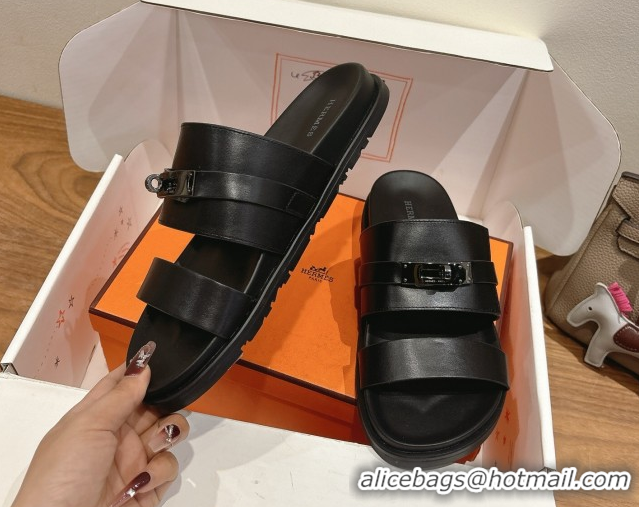 Durable Hermes Jackson Flat Slides Sandal in Smooth Calfskin All Black 2025 H082008 0820088