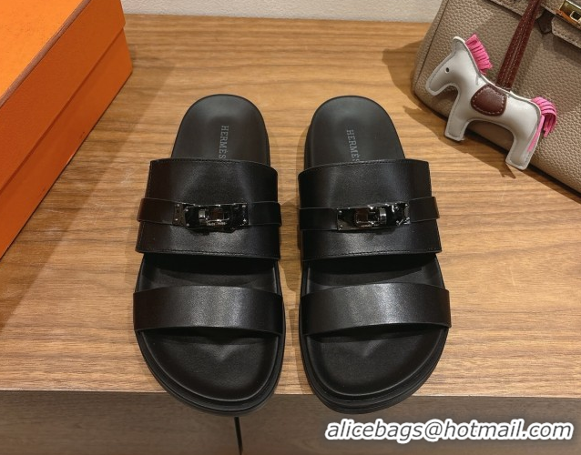 Durable Hermes Jackson Flat Slides Sandal in Smooth Calfskin All Black 2025 H082008 0820088