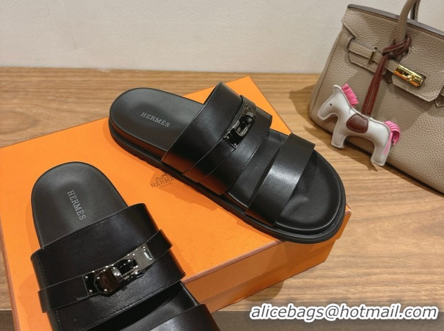 Durable Hermes Jackson Flat Slides Sandal in Smooth Calfskin All Black 2025 H082008 0820088