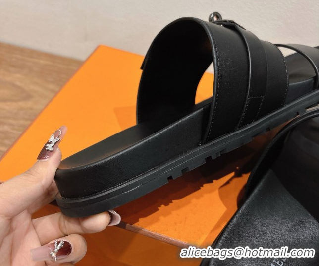Durable Hermes Jackson Flat Slides Sandal in Smooth Calfskin All Black 2025 H082008 0820088