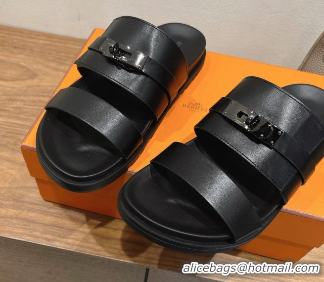 Durable Hermes Jackson Flat Slides Sandal in Smooth Calfskin All Black 2025 H082008 0820088