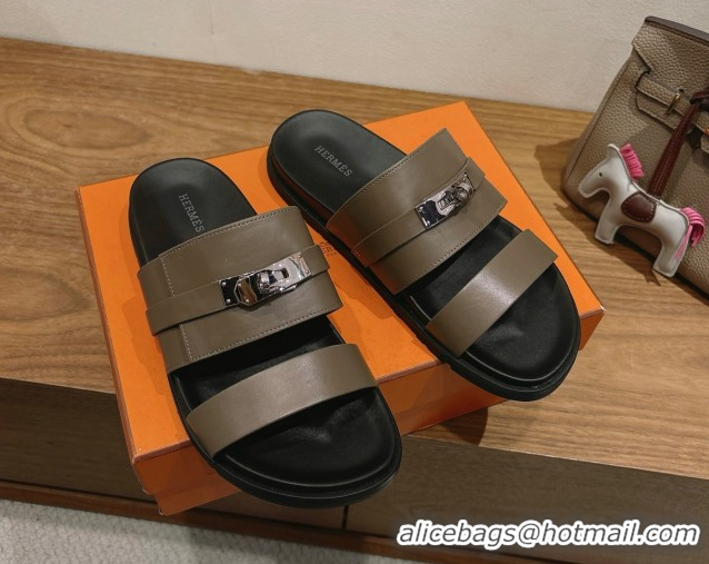 Good Looking Hermes Jackson Flat Slides Sandal in Smooth Calfskin Khaki 2025 H082008 0820089