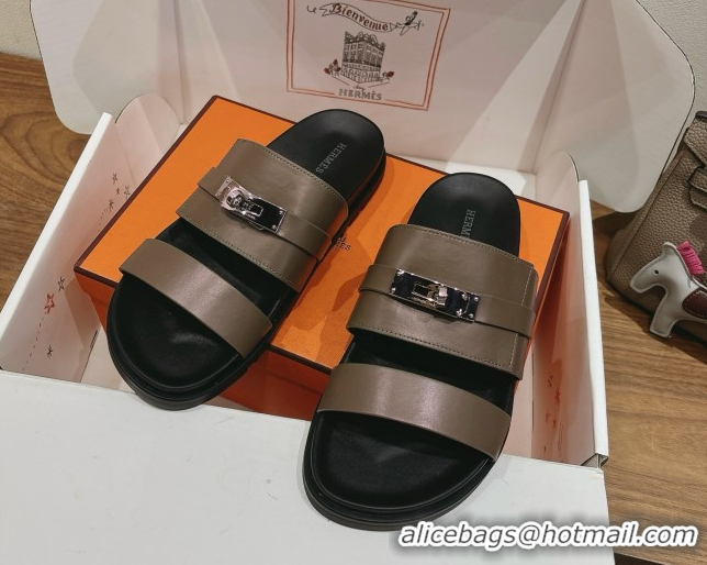 Good Looking Hermes Jackson Flat Slides Sandal in Smooth Calfskin Khaki 2025 H082008 0820089