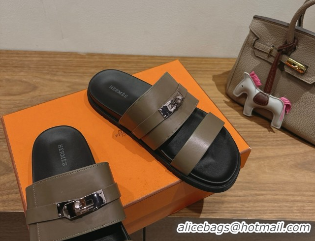 Good Looking Hermes Jackson Flat Slides Sandal in Smooth Calfskin Khaki 2025 H082008 0820089
