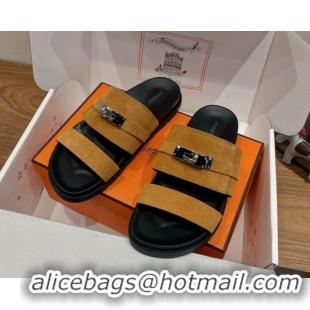 Good Quality Hermes Jackson Flat Slides Sandal in Suede Yellow 2025 H082008 0820091