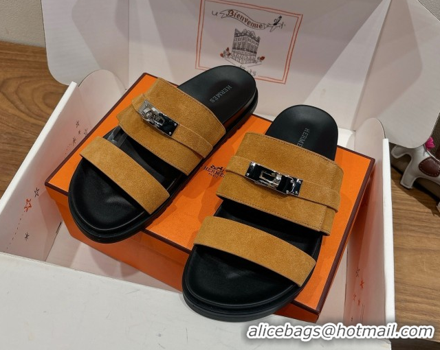 Good Quality Hermes Jackson Flat Slides Sandal in Suede Yellow 2025 H082008 0820091