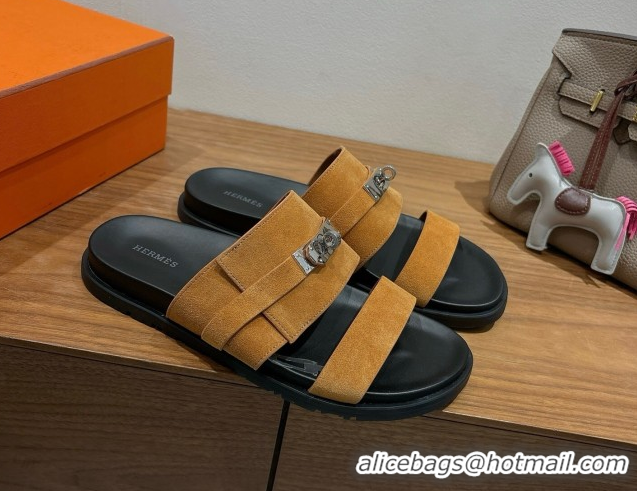 Good Quality Hermes Jackson Flat Slides Sandal in Suede Yellow 2025 H082008 0820091