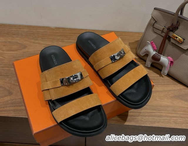 Good Quality Hermes Jackson Flat Slides Sandal in Suede Yellow 2025 H082008 0820091