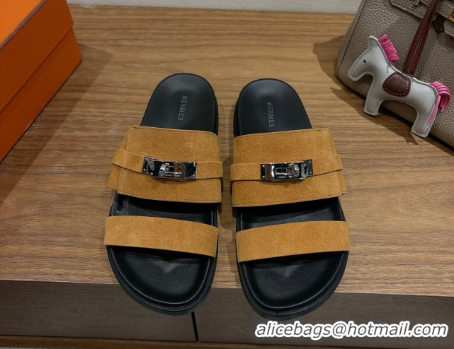 Good Quality Hermes Jackson Flat Slides Sandal in Suede Yellow 2025 H082008 0820091